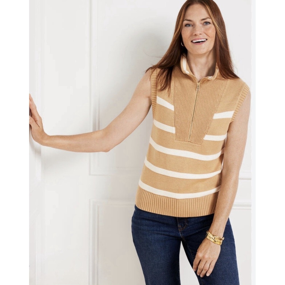 Talbots Striped Sweater Vest PM Tan White Half-Zip Knit Academia Preppy NWT